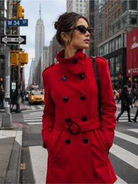 Guess Red Double-Breasted Peacoat with Belt XL